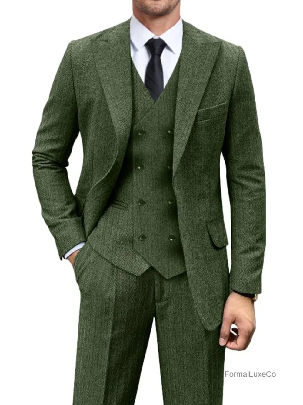 Vintage Men's 3-Piece Tweed Herringbone Wool Suit Set 2-Button Jacket, Vest,